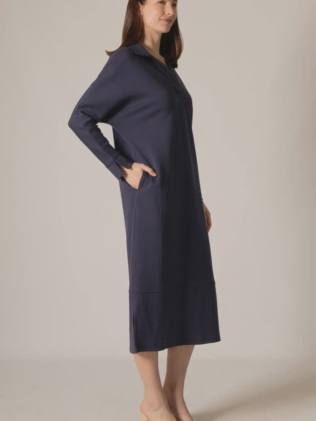 P. Cill Navy Butter Modal Collared Long Sleeve Dress