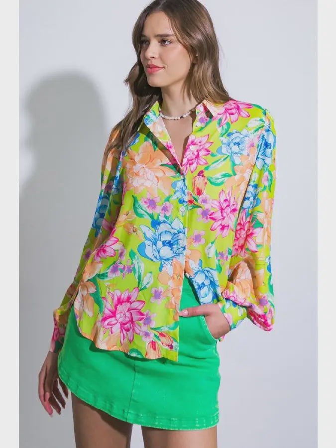 Button Down Long Sleeve Woven Blouse