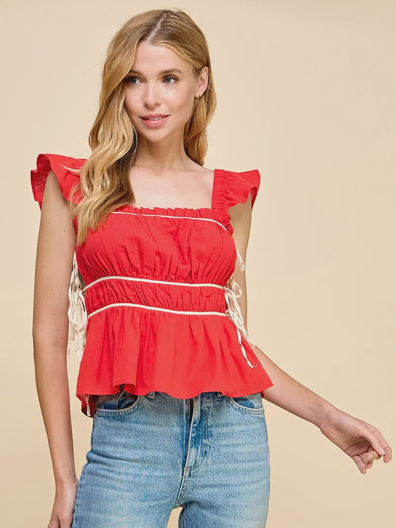 TCEC Ruched Detail Ruffled Straps Top- Red