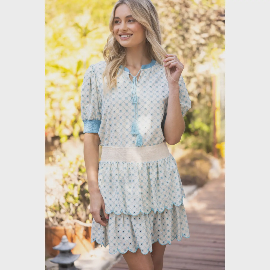 VOY Smocked Waist Tiered Eyelet Scalloped Skirt- Blue