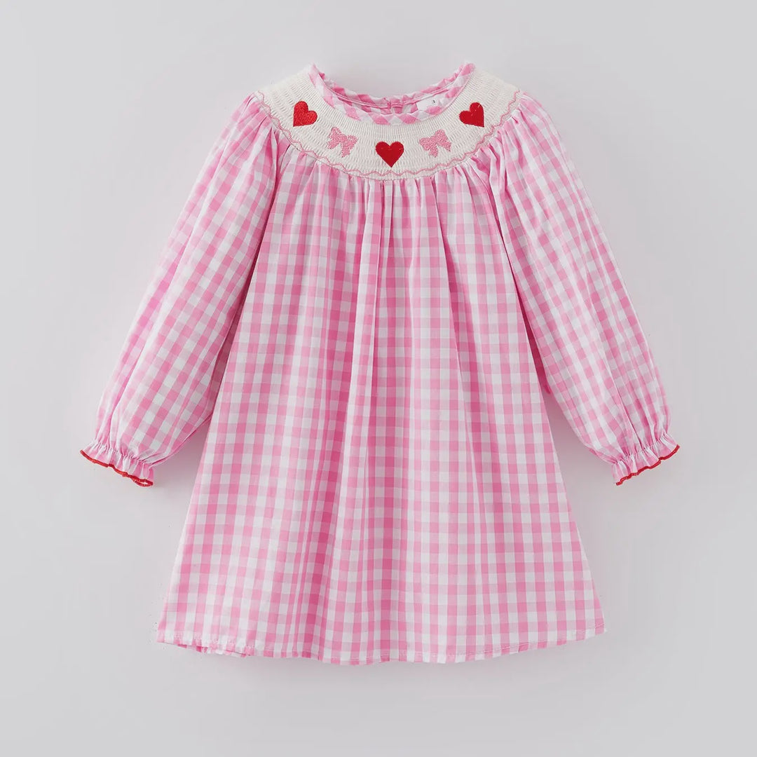 Valentine's Day Heart Bow Smocking Embroidered Pink Dress