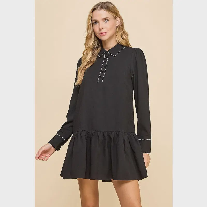 Black Collared Contrast Color Trim Dress