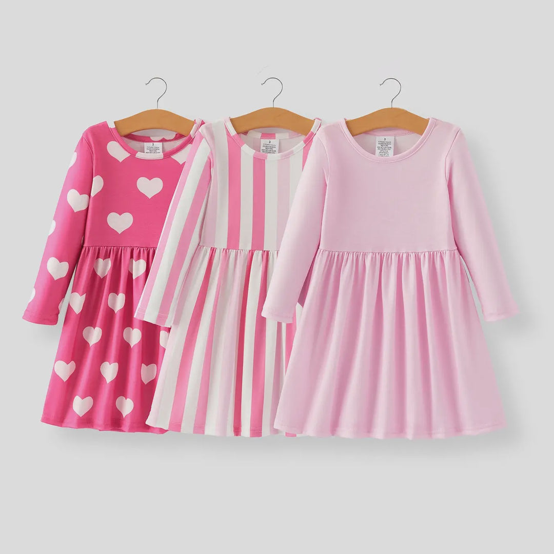 Girls Dress of 3 Pcs in One Package Valentine's Day Stripe Girls Dress