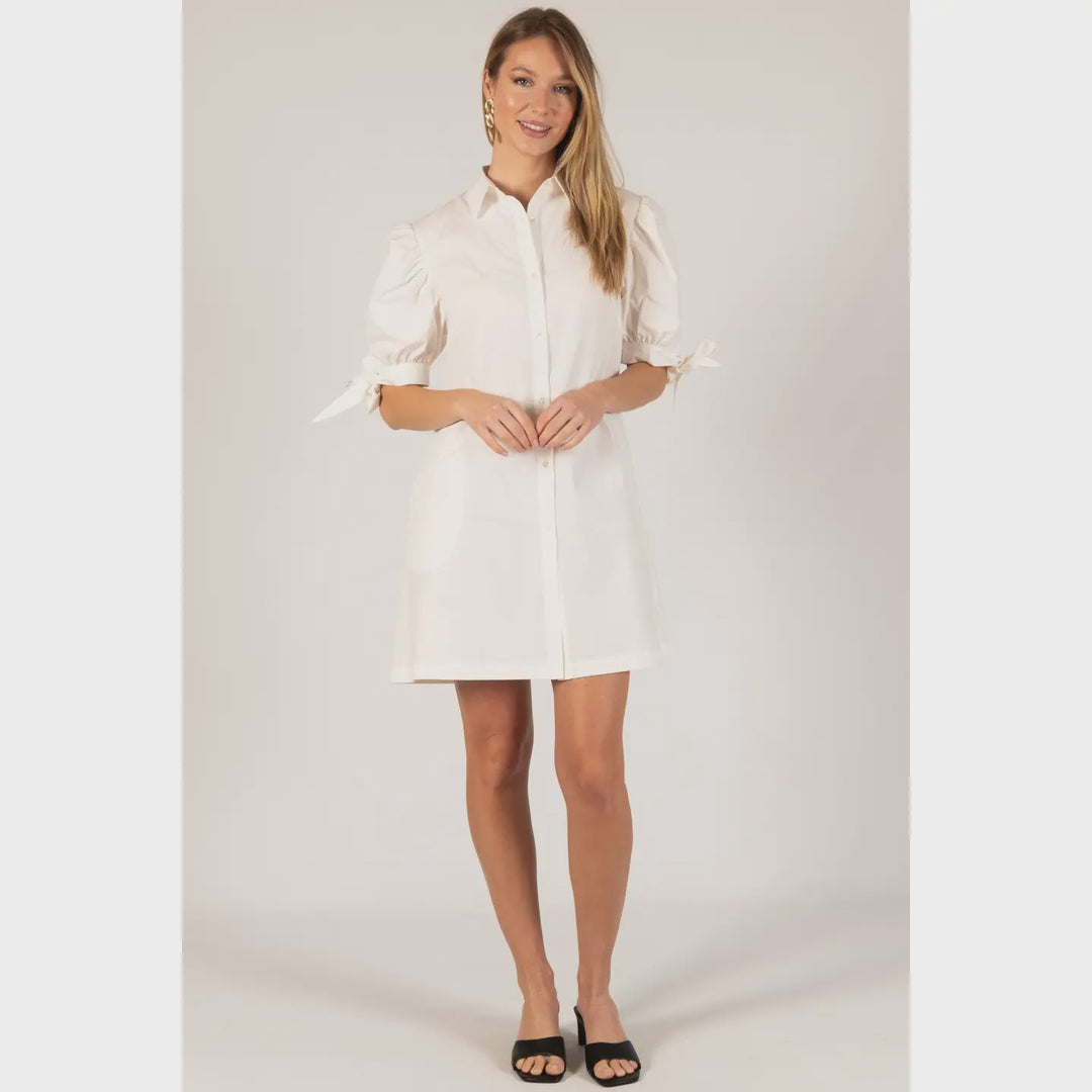 Before You Poplin Ribbon Sleeve Tie Button Up Dress- White