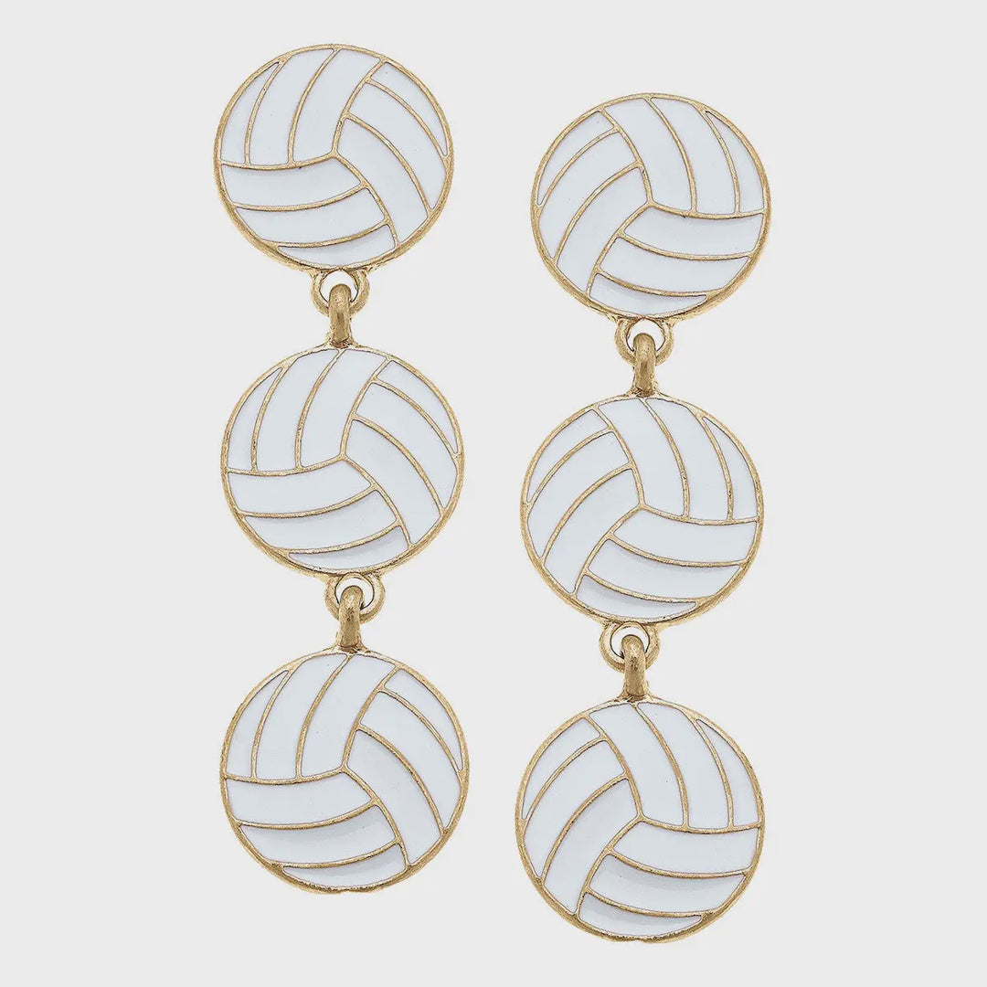 Canvas Volleyball Triple Drop Enamel Earrings in White