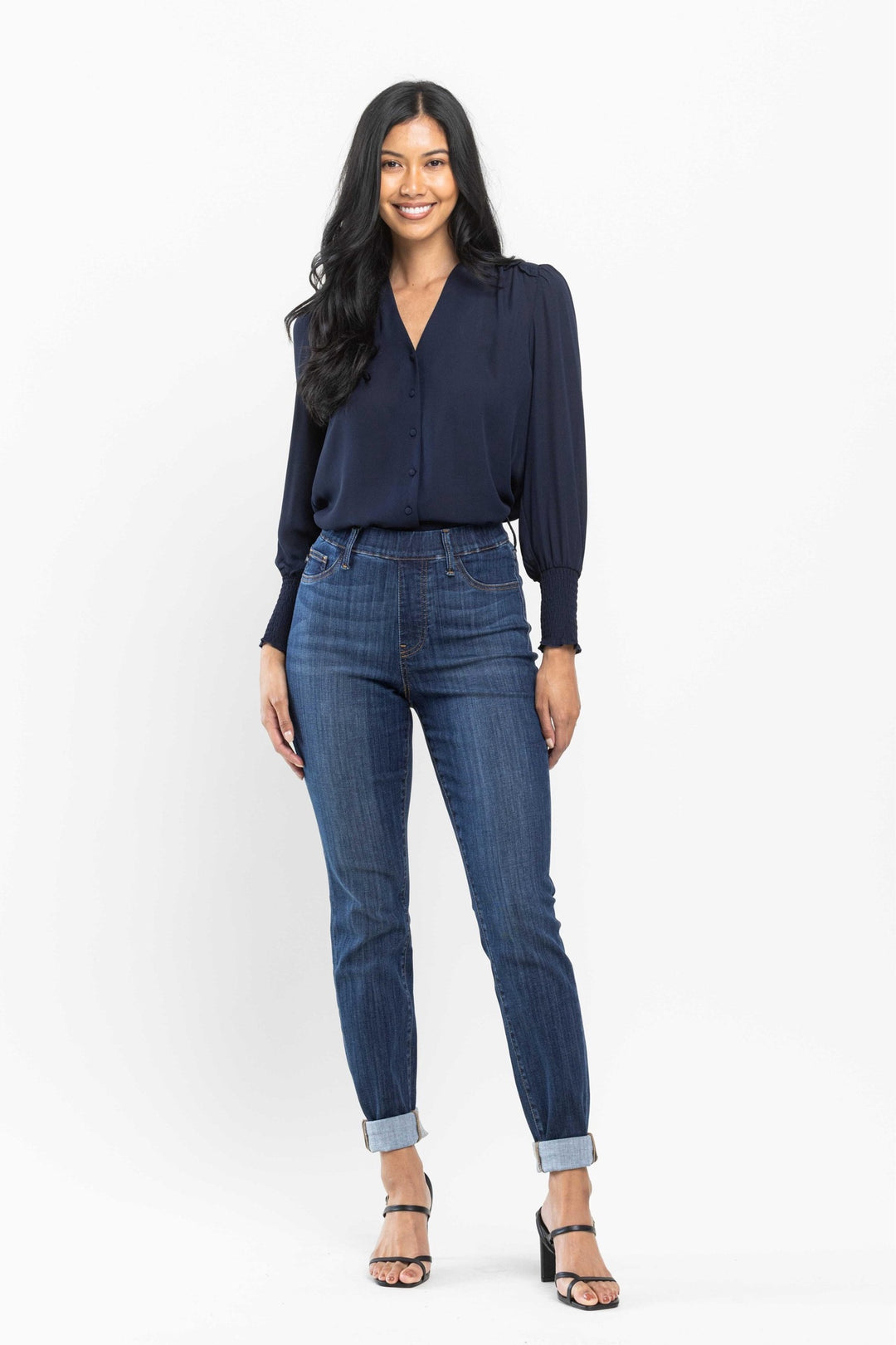 Judy Blue Dark Blue High Waist Pull-On Double Cuff Slim Jeans