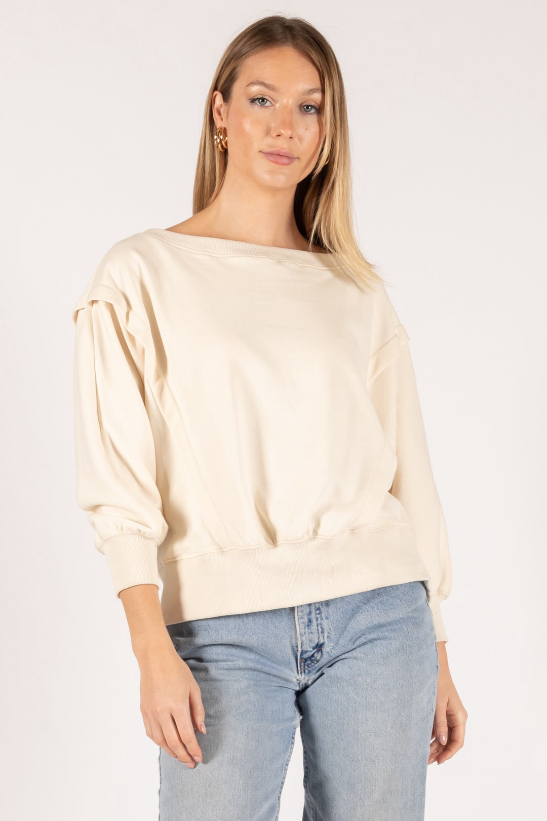 Cream French Terry Boat Neck Dolman Sleeve Top