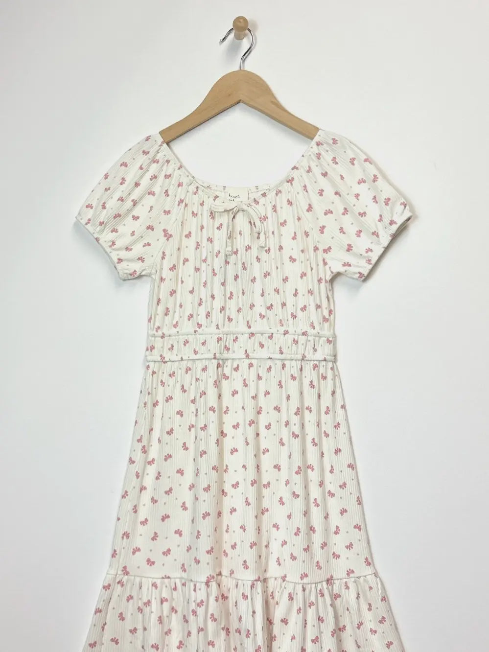 Heart and Arrow Tween Kids Girls Puff Sleeve Smock Waist Tiered Dress- White/Bow Pattern