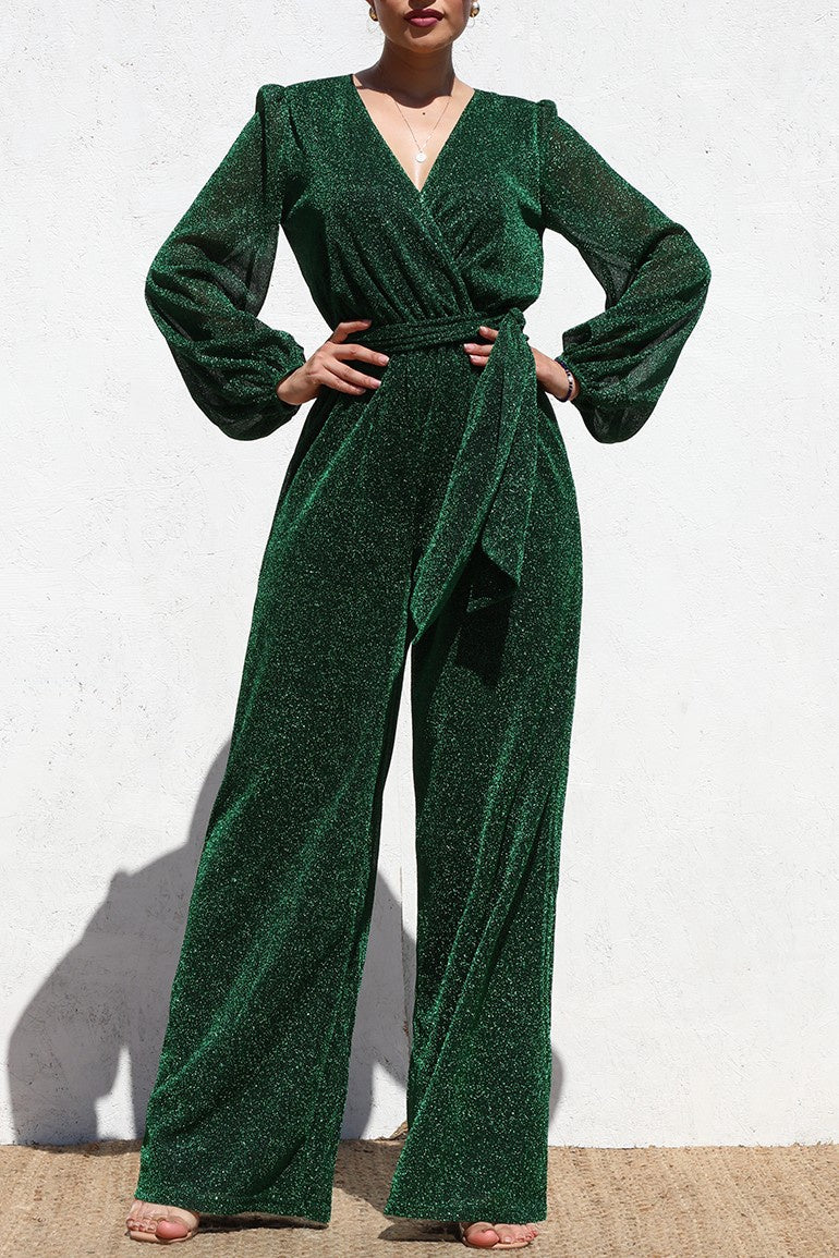 Green Long Sleeve Lurex Knit Jumpsuit
