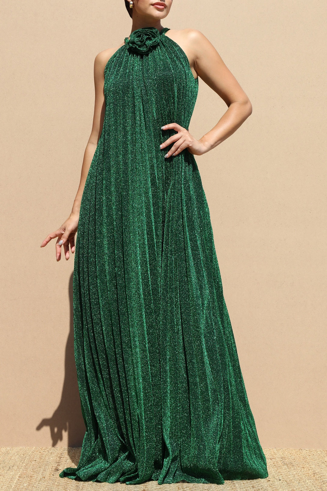 Green Pleated Lurex Knit Maxi Dress