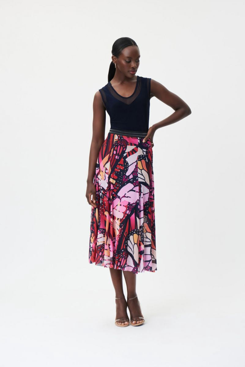 Joseph Ribkoff Butterfly Print A-line Mesh Skirt Midnight Blue/ Multi