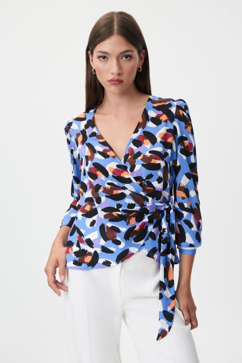 Joseph Ribkoff Blue/ Multi Animal Print Georgette Wrap Blouse
