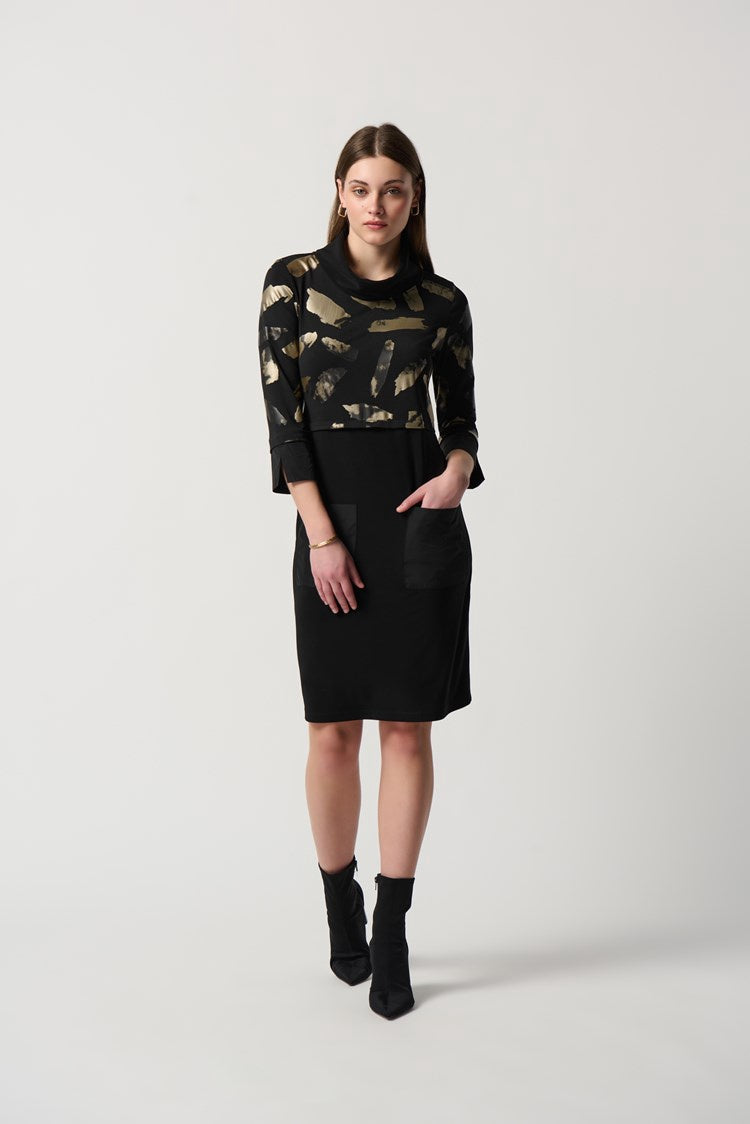 Joseph Ribkoff Abstract Foil Print Cowl Collar Coccon Dress