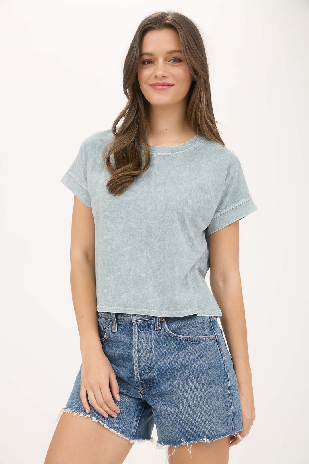 Blu Pepper Washed Extended Shoulder Short Sleeve Knit Top- Green