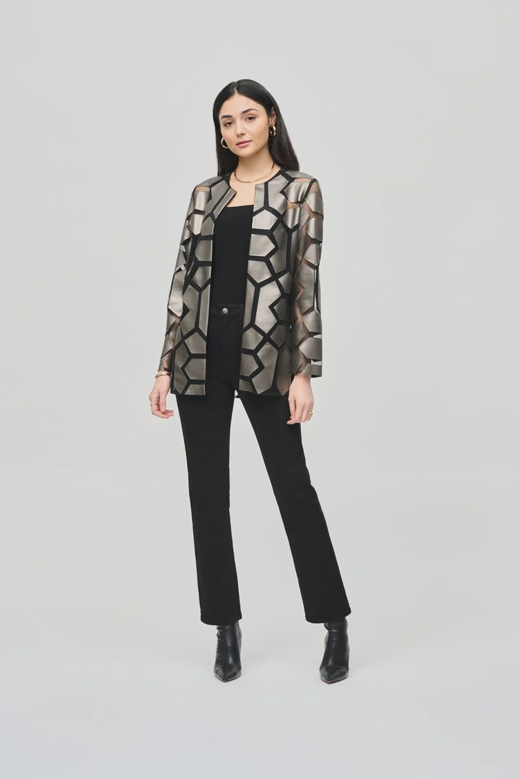 Joseph Ribkoff Laser-Cut Leatherette on Mesh Jacket -Gunmetal