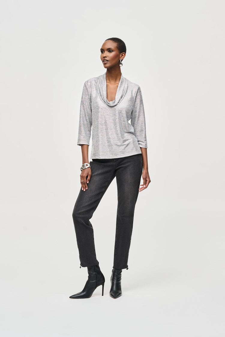 Joseph Ribkoff Foiled Knit Cowl Collar Top