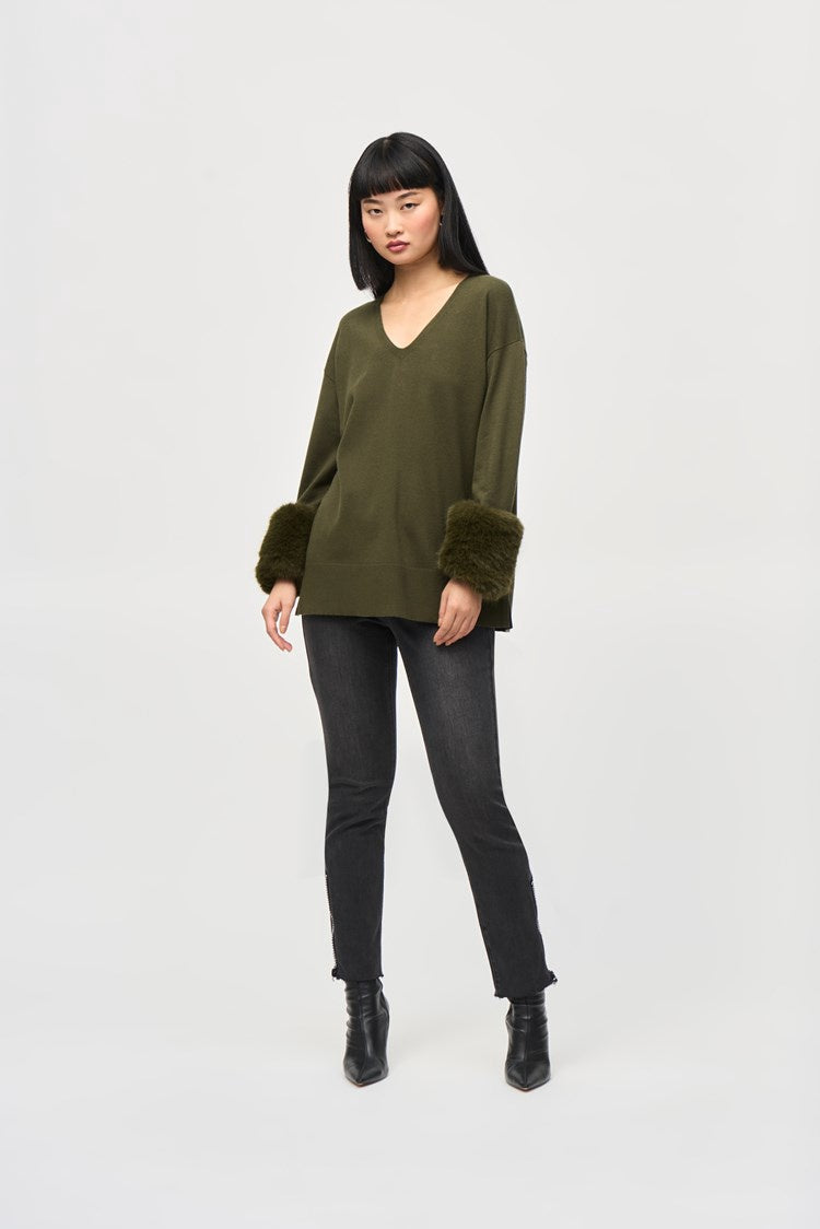 Joseph Ribkoff Iguana Sweater Knit Tunic with Faux Fur Cuffs