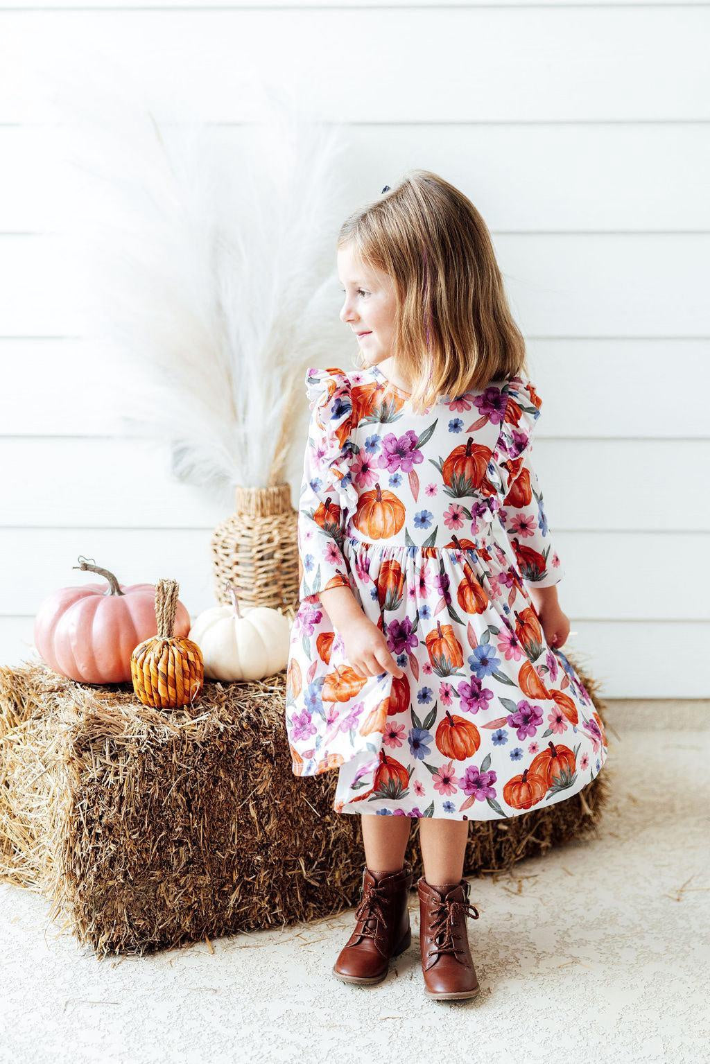 Mila and Rose Hey Pumpkin 3/4 Sleeve Ruffle Twirl Dress