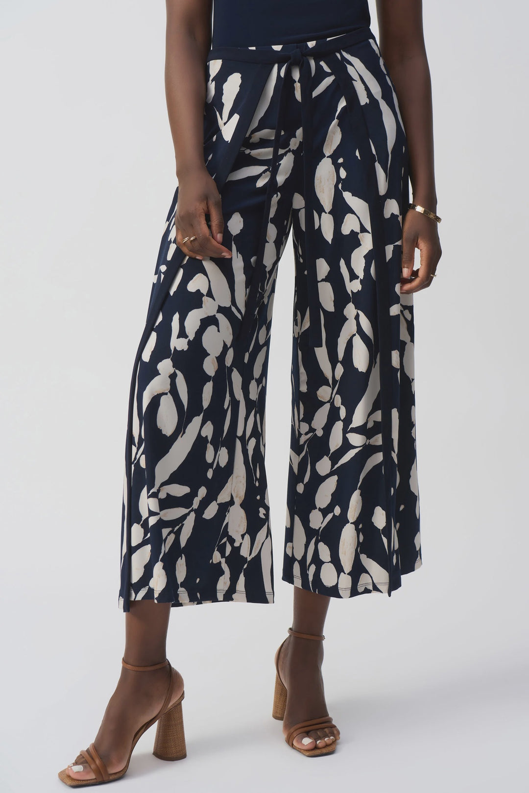 Joseph Ribkoff Silky Knit Abstract Print Wide Leg Pants- Midknight Blue/Beige