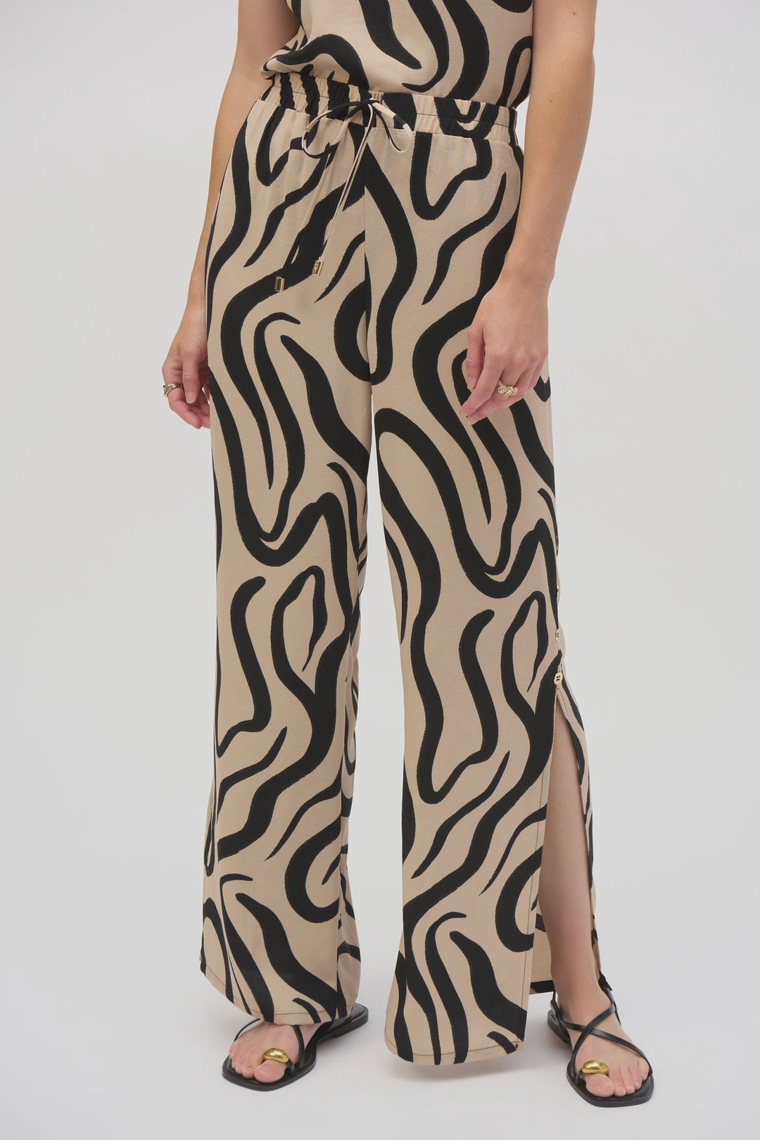 Joseph Ribkoff Beige/Black Gauze Abstract Print Wide Leg Pants
