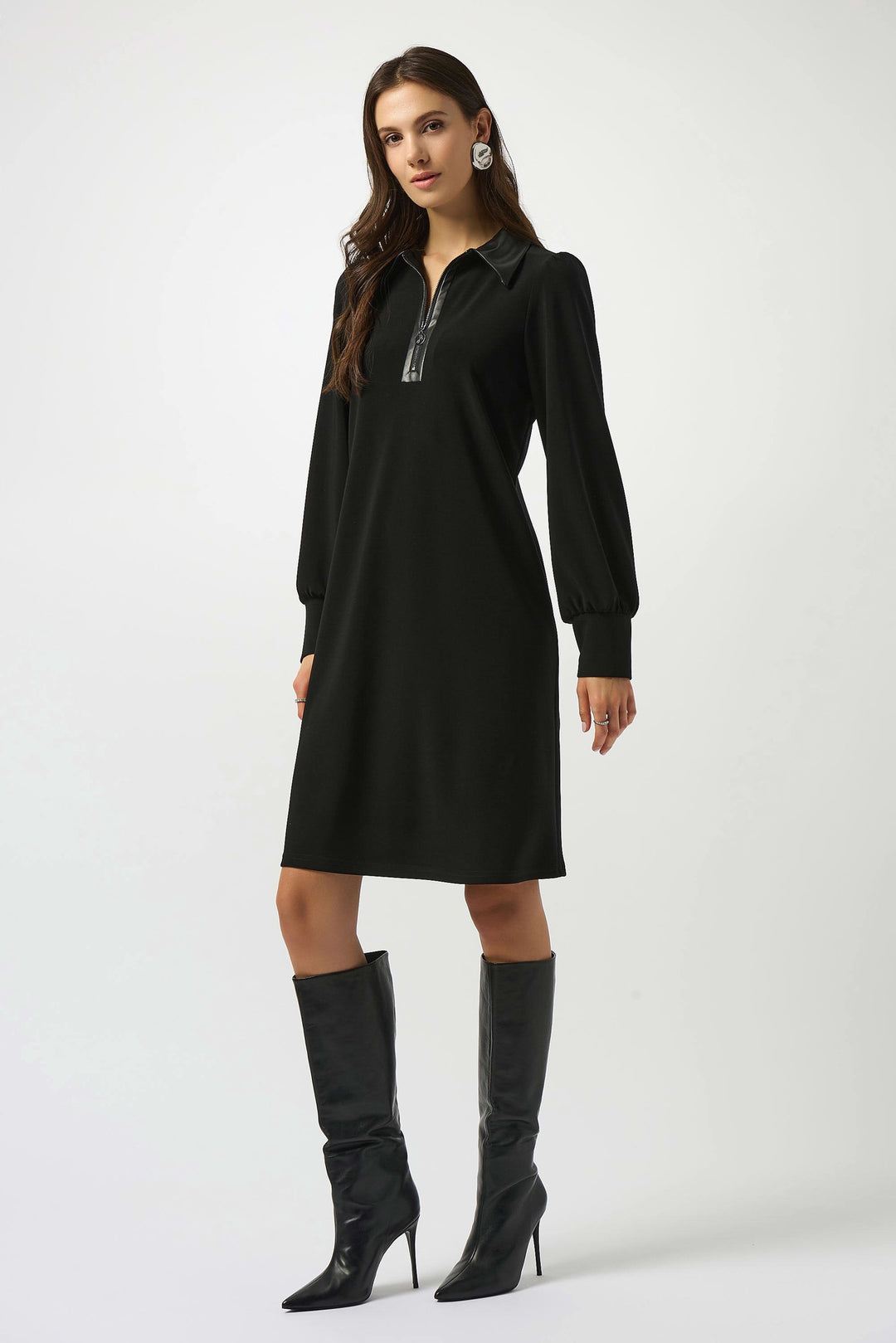 Joseph Ribkoff Silky Knit & Leatherette Trapeze Dress- Black