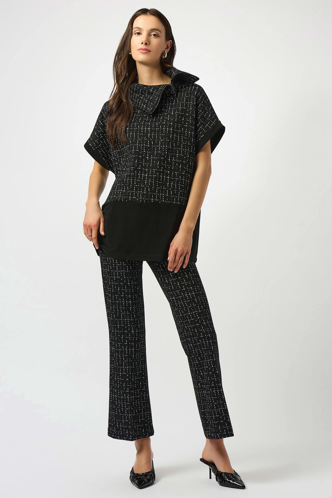Joseh Ribkoff Jacquard Checkered Print Boxy Tunic- Black/Off-White