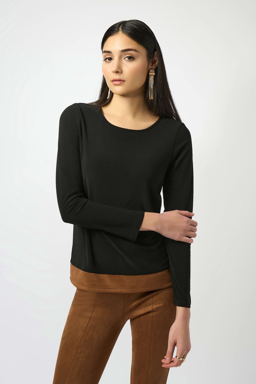 Joseph Ribkoff Silky Knit & Suede Colour-Block Straight Top- Black/Brown