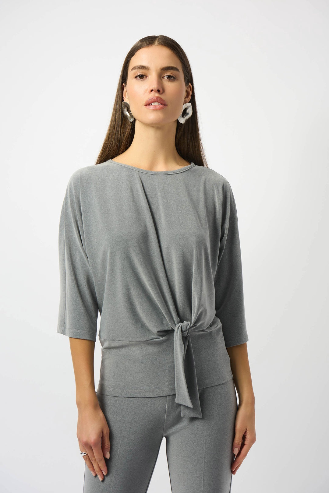 Joseph Ribkoff Grey Melange Melange Silky Knit Boxy Top with Knot Detail