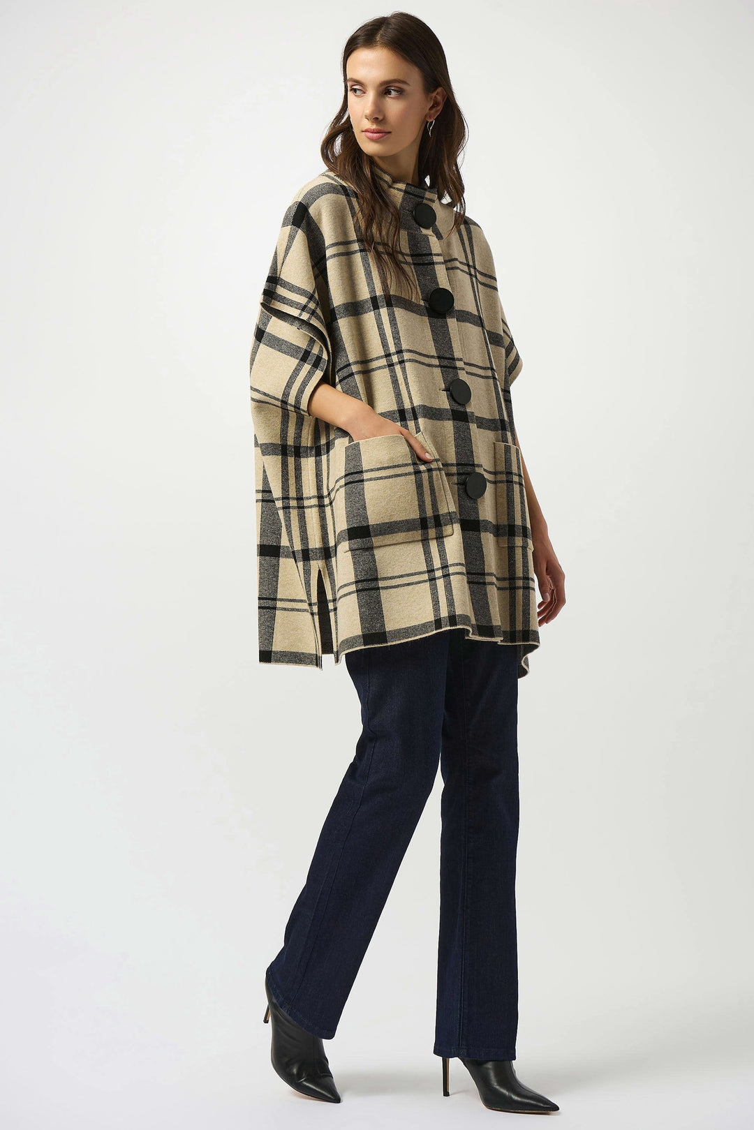 Joseph Ribkoff Jacquard Sweater Knit Plaid Poncho- Champagne/Black