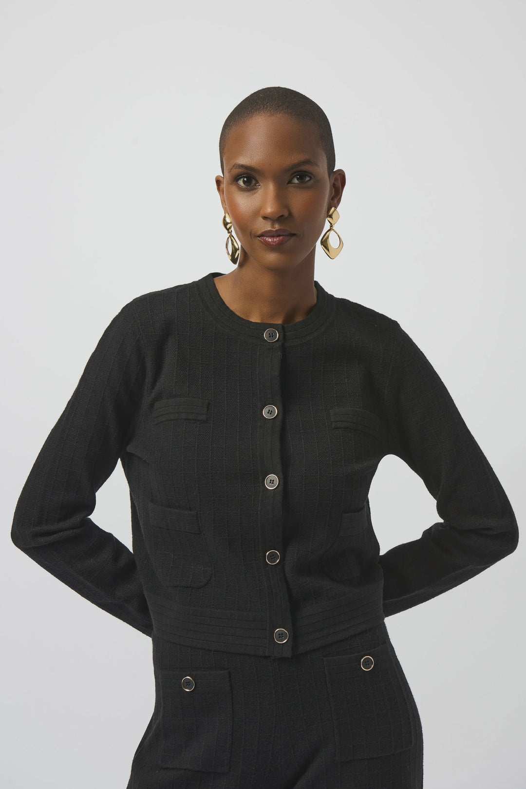Joseph Ribkoff Black Sweater Knit Crew Neck Button-Front Jacket
