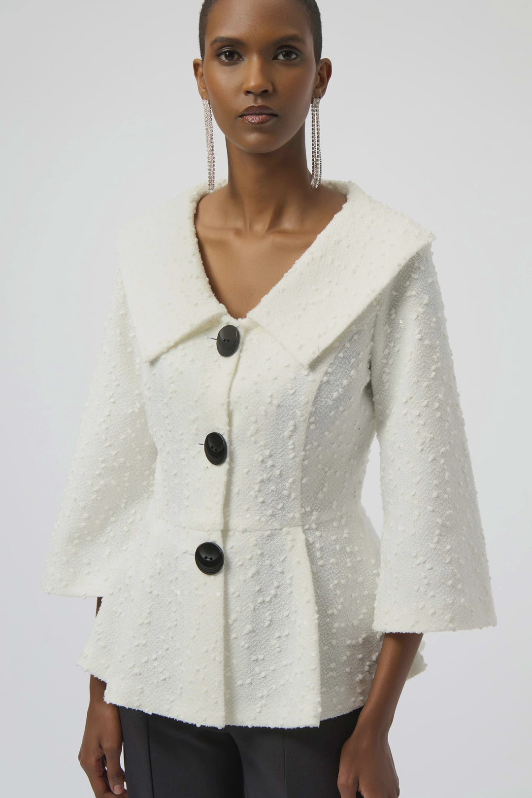 Joseph Ribkoff Sequined Bouclé Knit Peplum Jacket- Winter White