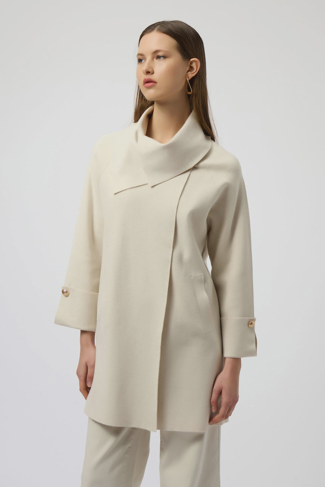 Joseph Ribkoff Sweater Knit Coat with Overlap Collar- Birch Melange