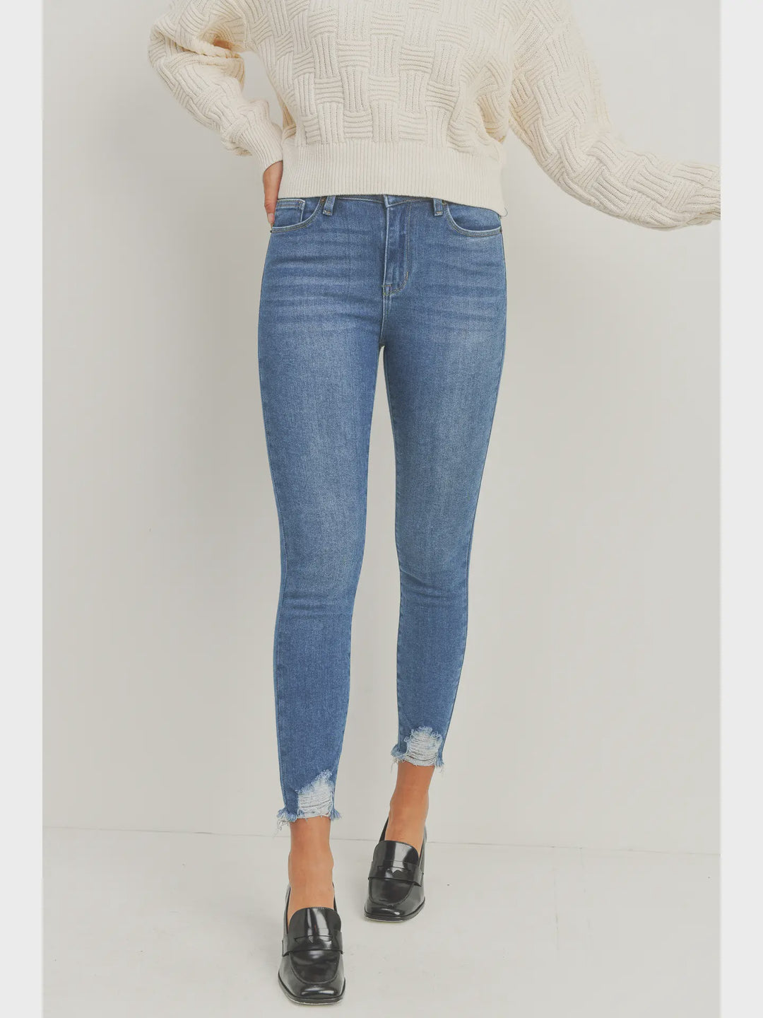Medium Wash High Rise Ankle Skinny with Destroyed Hem Jeans