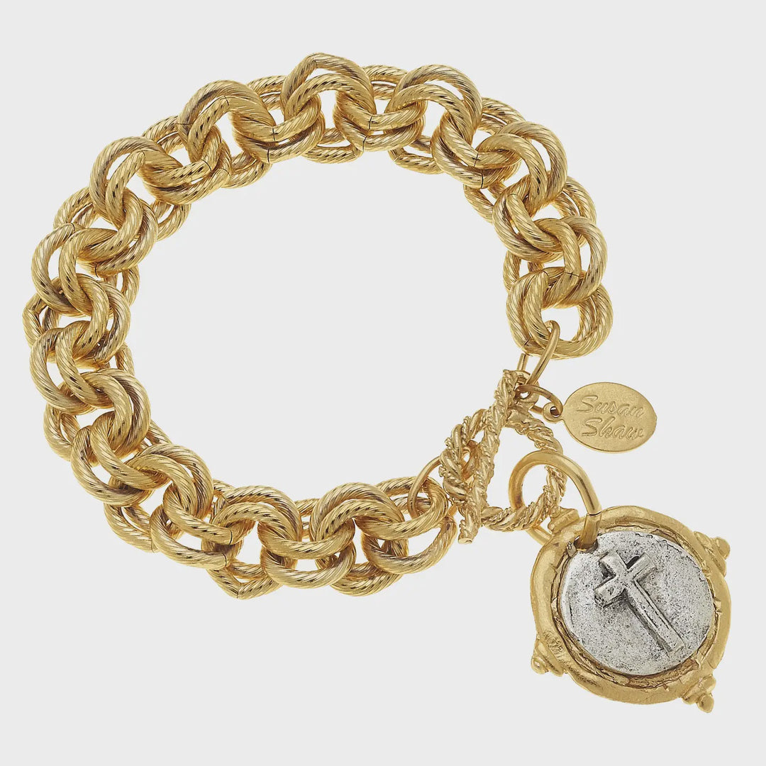 Susan Shaw Gold and Silver Italian Intaglio Cross Bracelet