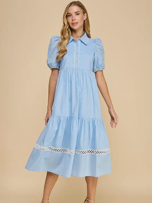 Baby Blue Button Up Collared Contrast Trims Midi Dress