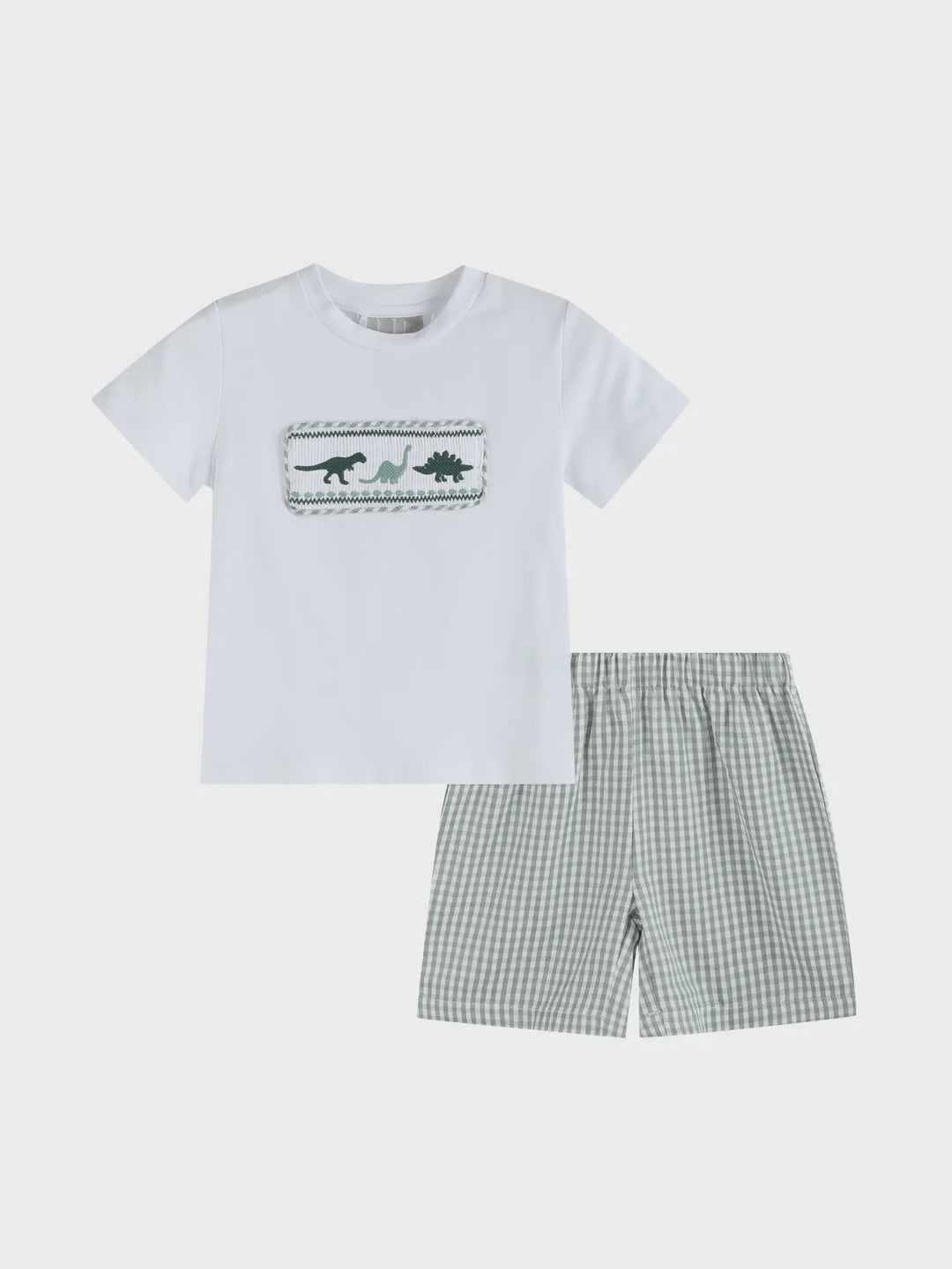 White Dinosaur Smocked Tee and Green Gingham Shorts Set