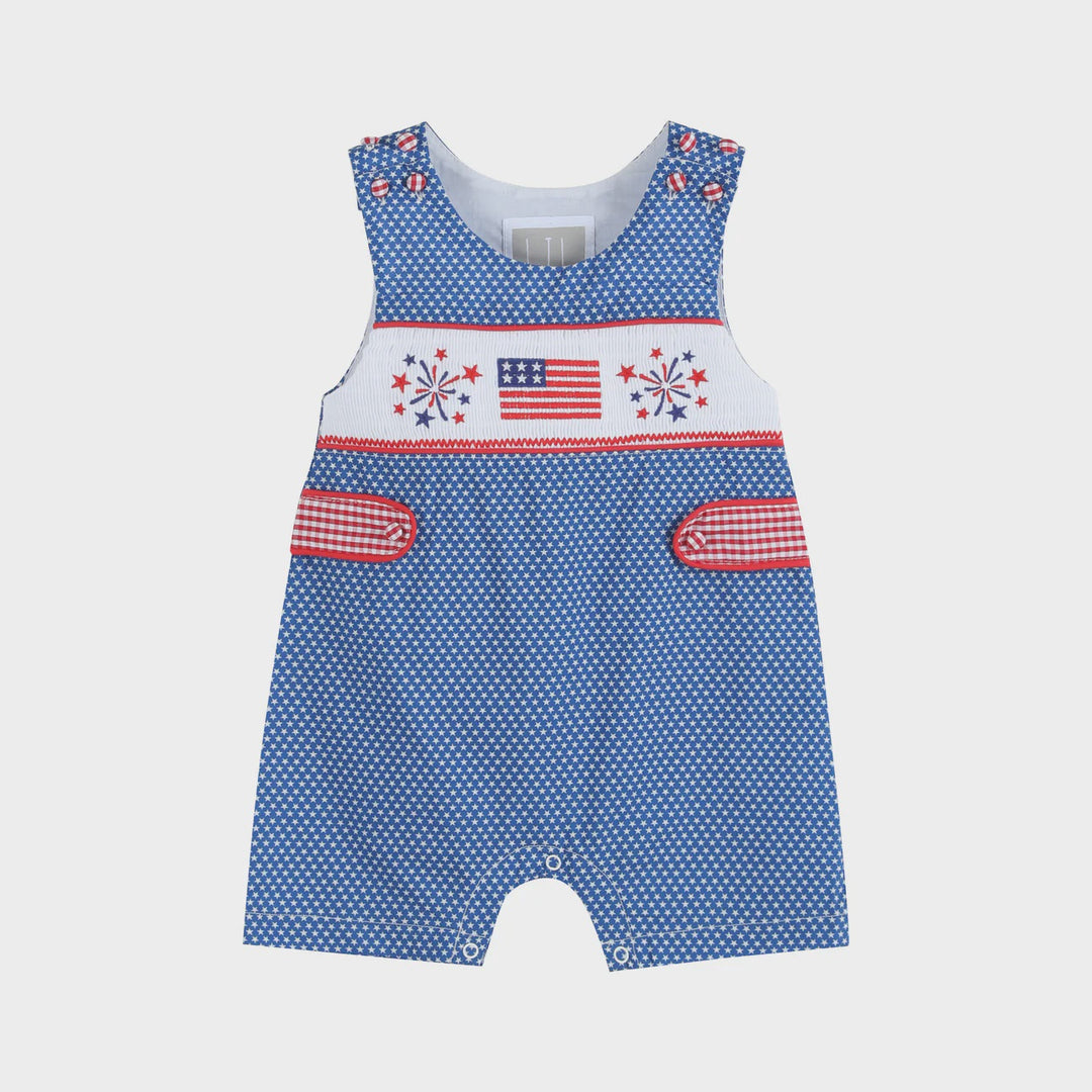 Star Print USA Flag and Fireworks Smocked Shortalls