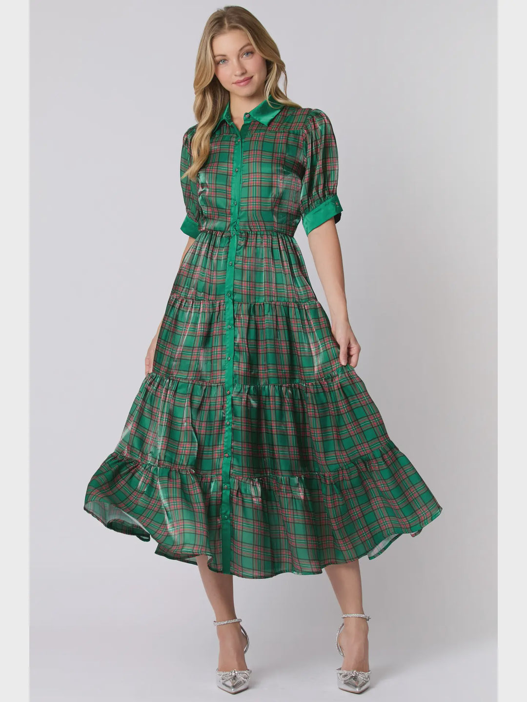Christmas Plaid Print Silky Organza Midi Dress