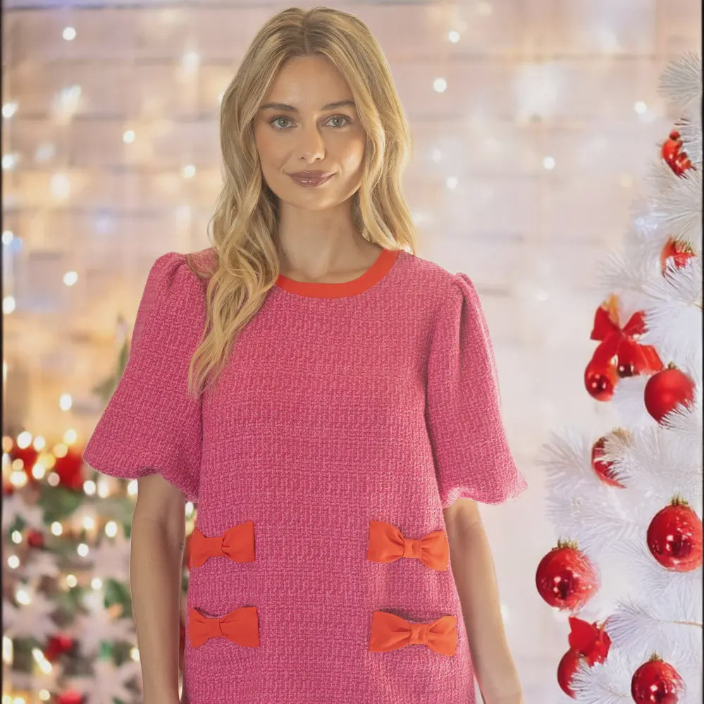 VOY Tweed Puff Sleeve Ribbon Pocket Detail Dress