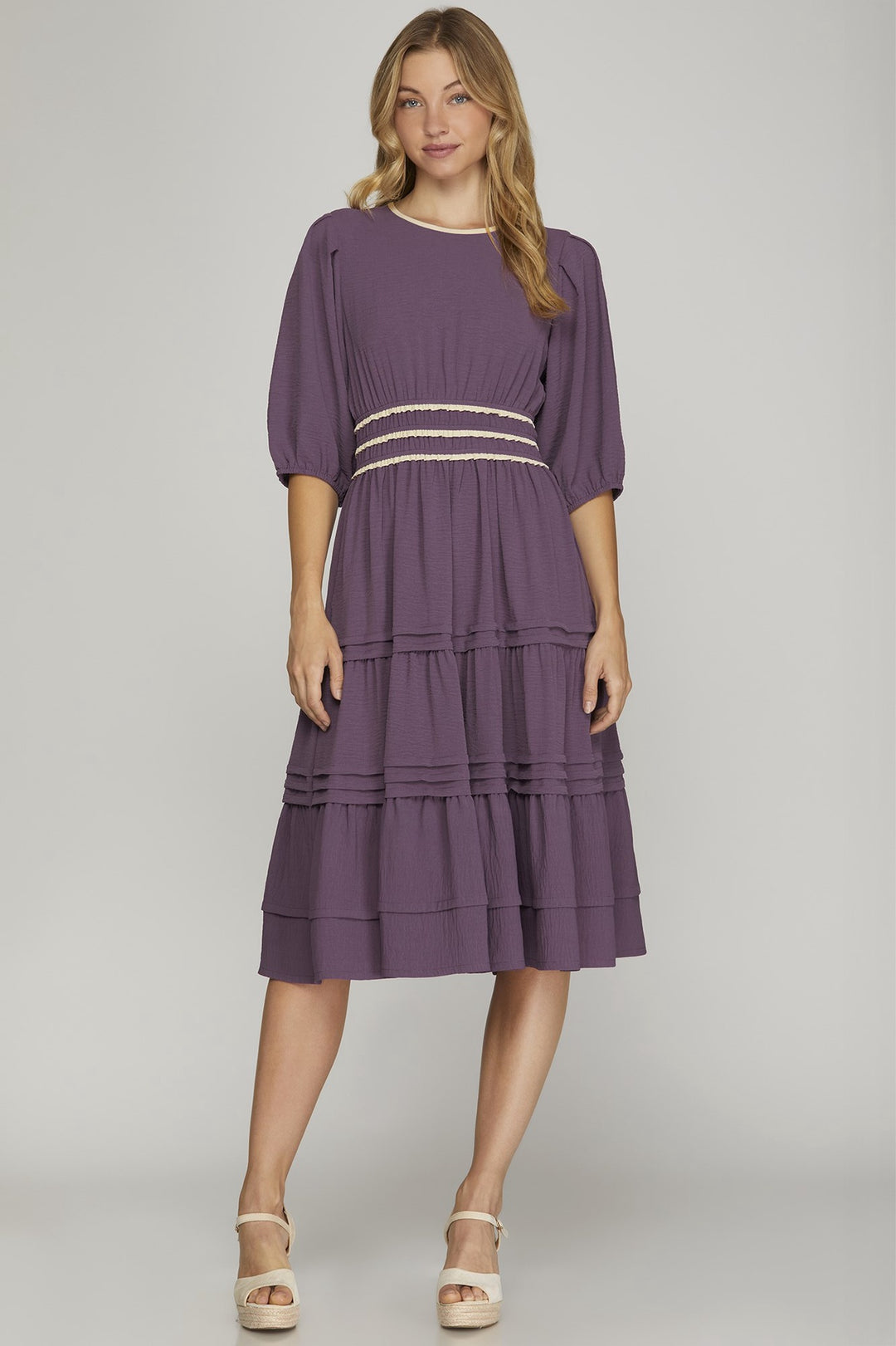 She + Sky Misty Purple Puff Sleeve Pintuck Tiered Dress