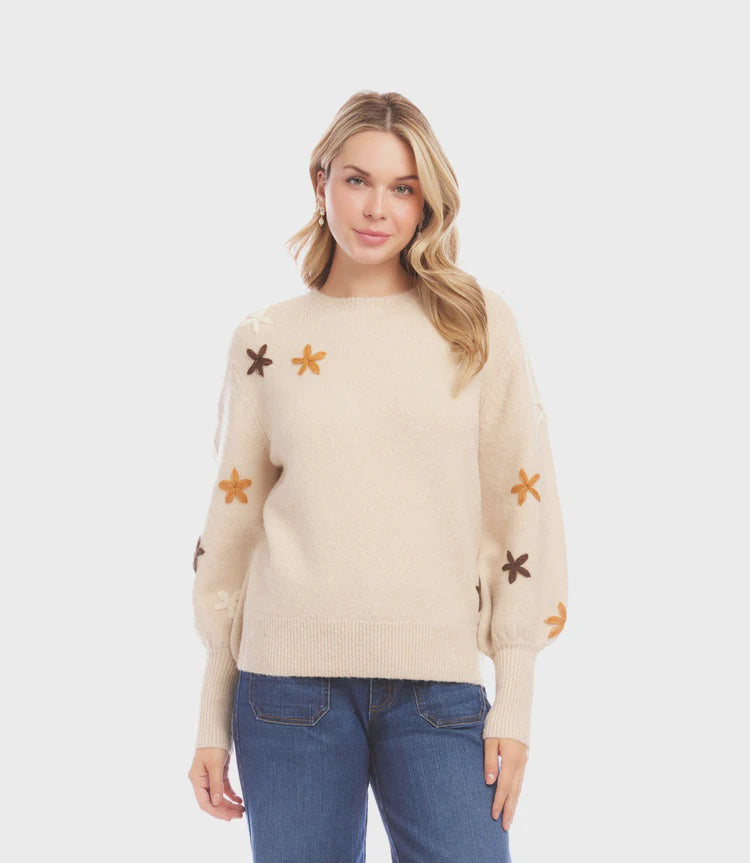 Karen Kane Ecru Embroidered Flower Sweater