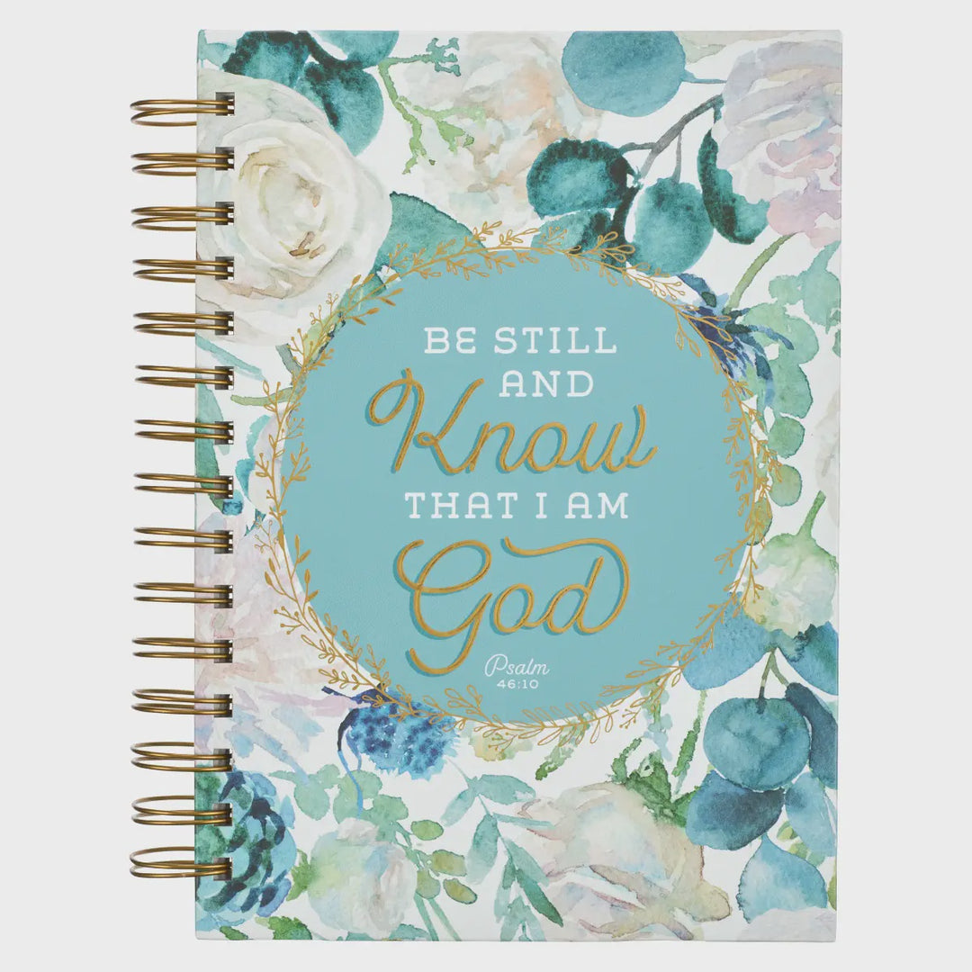 Christian Art Gifts Journal Wirebound White/Teal Floral Be Still Ps. 46:10