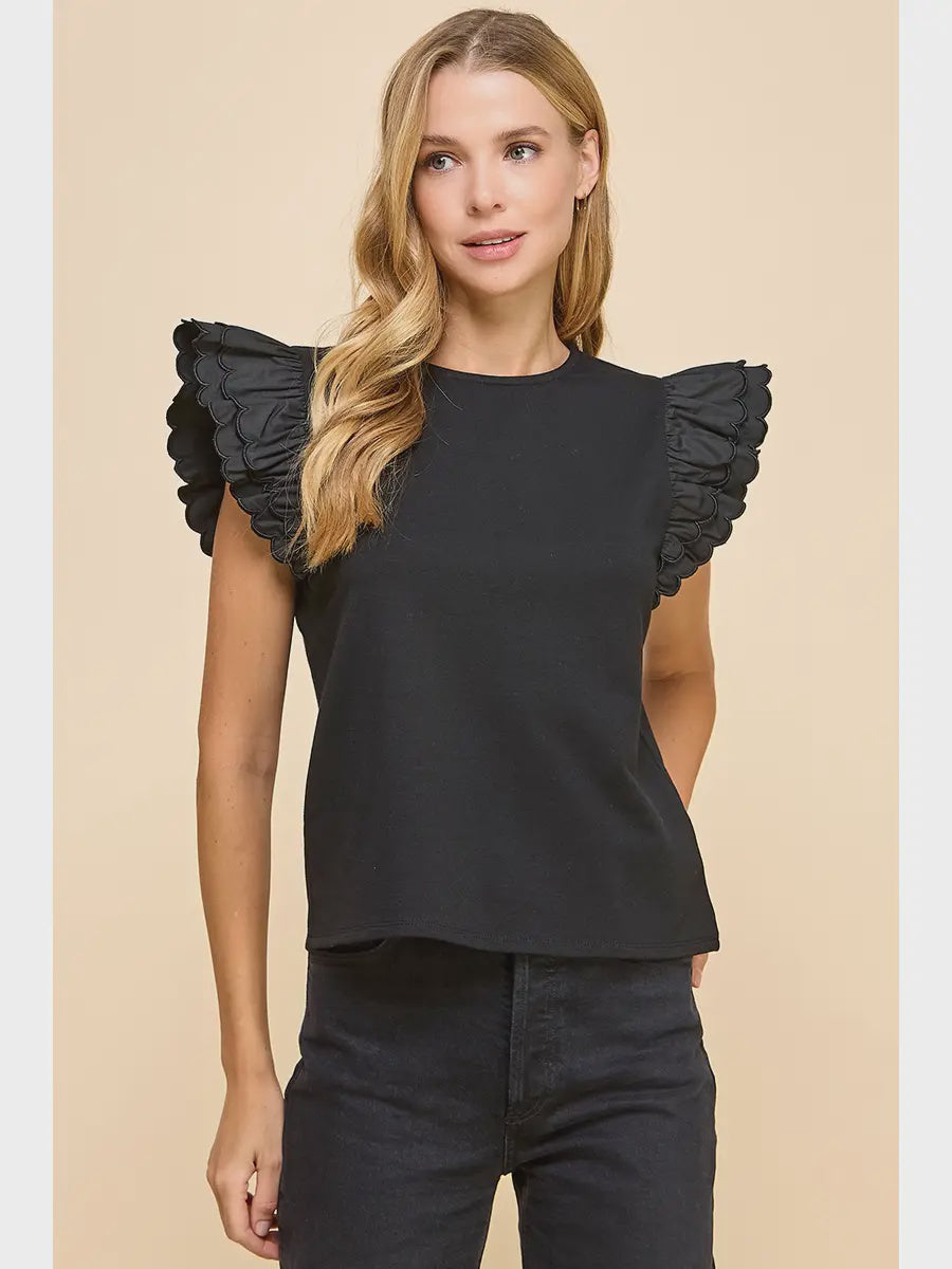 TCEC Scalloped Detail Poplin Top- Black