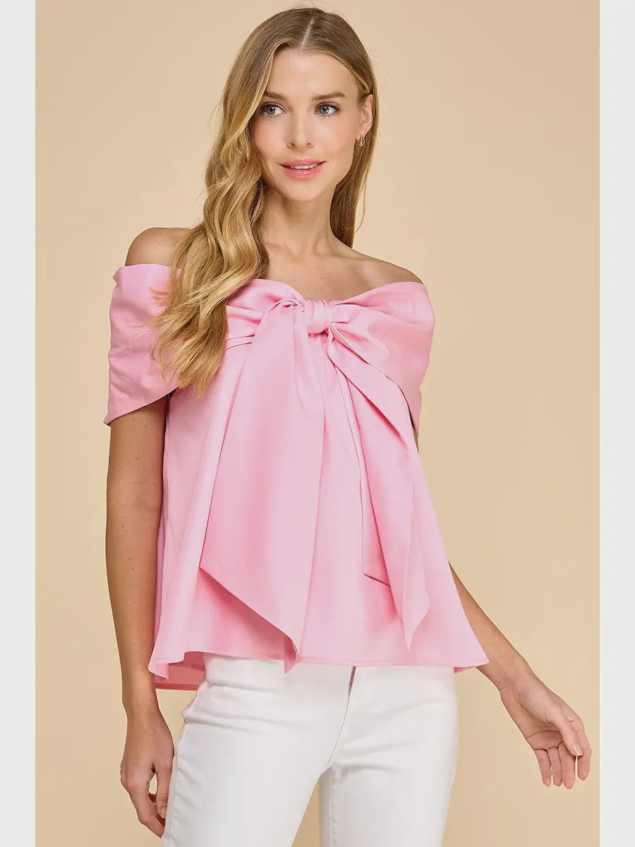 TCEC Bow Accented Off the Shoulder Top- Pink