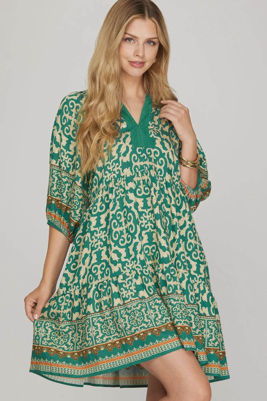 She + Sky Border Print Woven Tiered Mini Dress- Emerald Green
