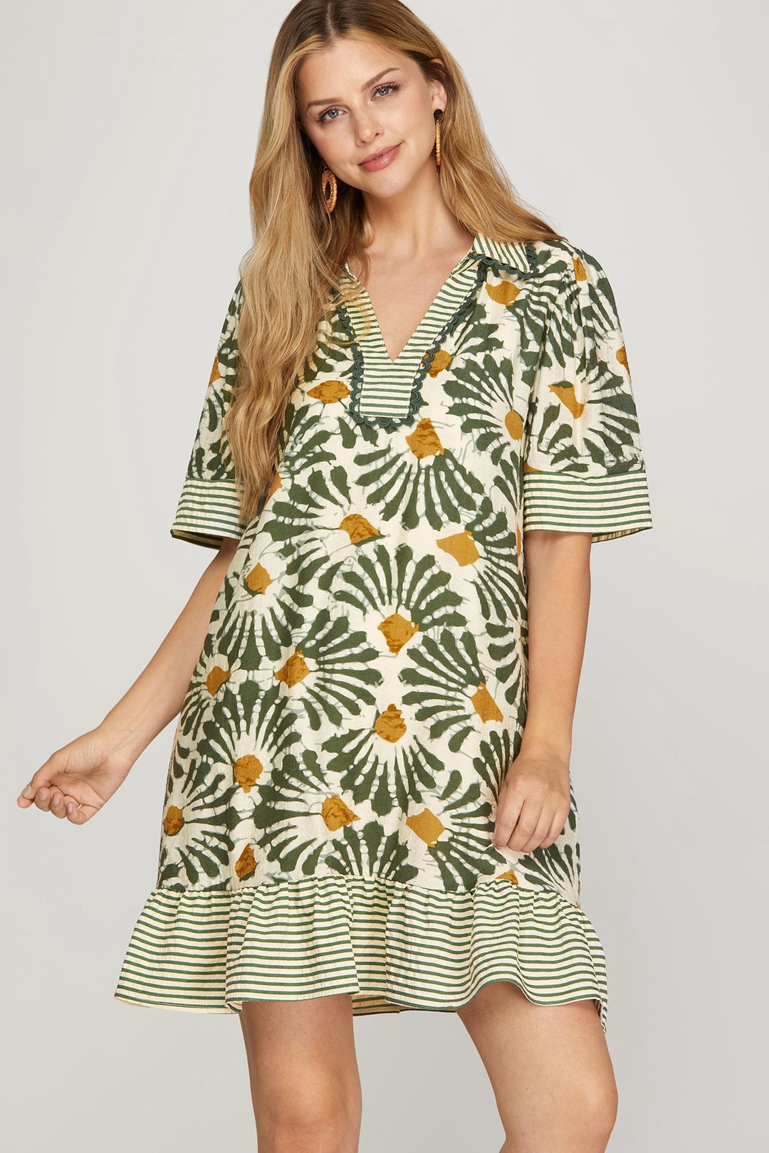 She + Sky Olive Half Sleeve Woven Print Collared V-Neck Mini Dress