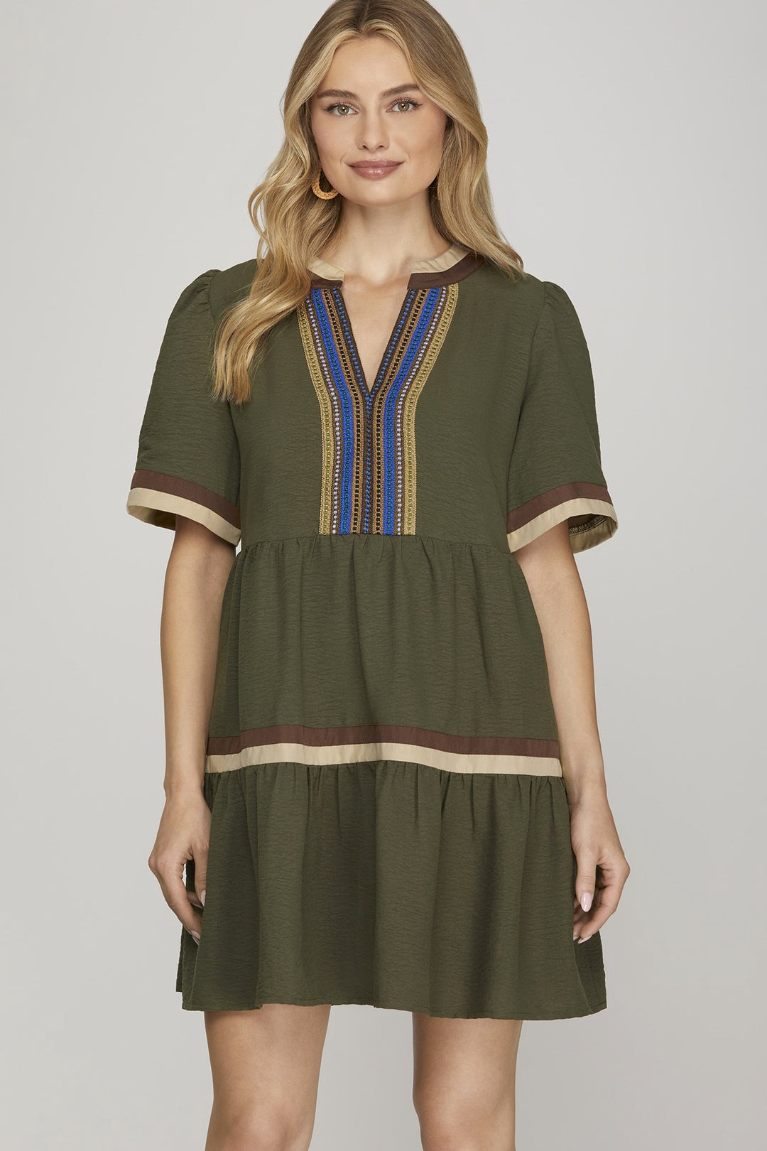She + Sky Olive Half Sleeve V-Neck Woven Tiered Dress