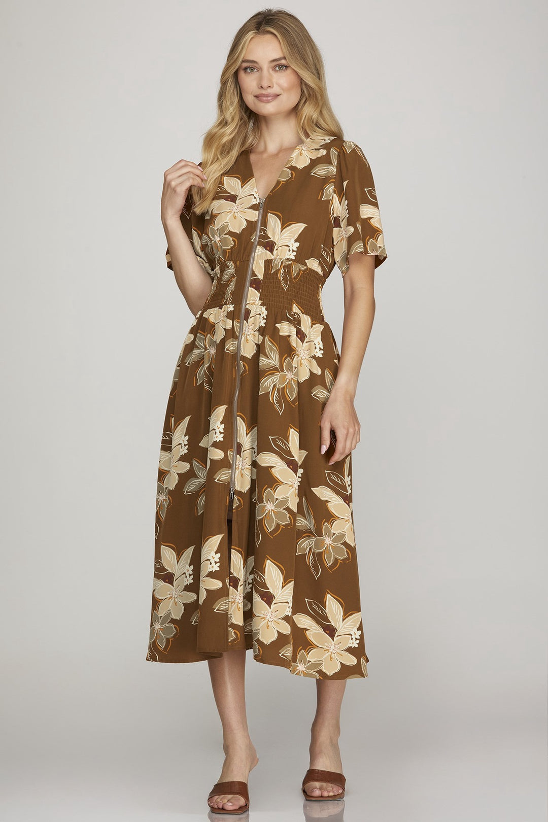 She + Sky Caramel Short Sleeve Smocked Waist Front Zip Dress