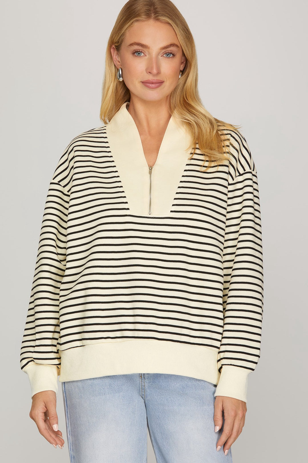 She + Sky Black/Cream Long Sleeve Half Zip Stripe Sweat Shirt