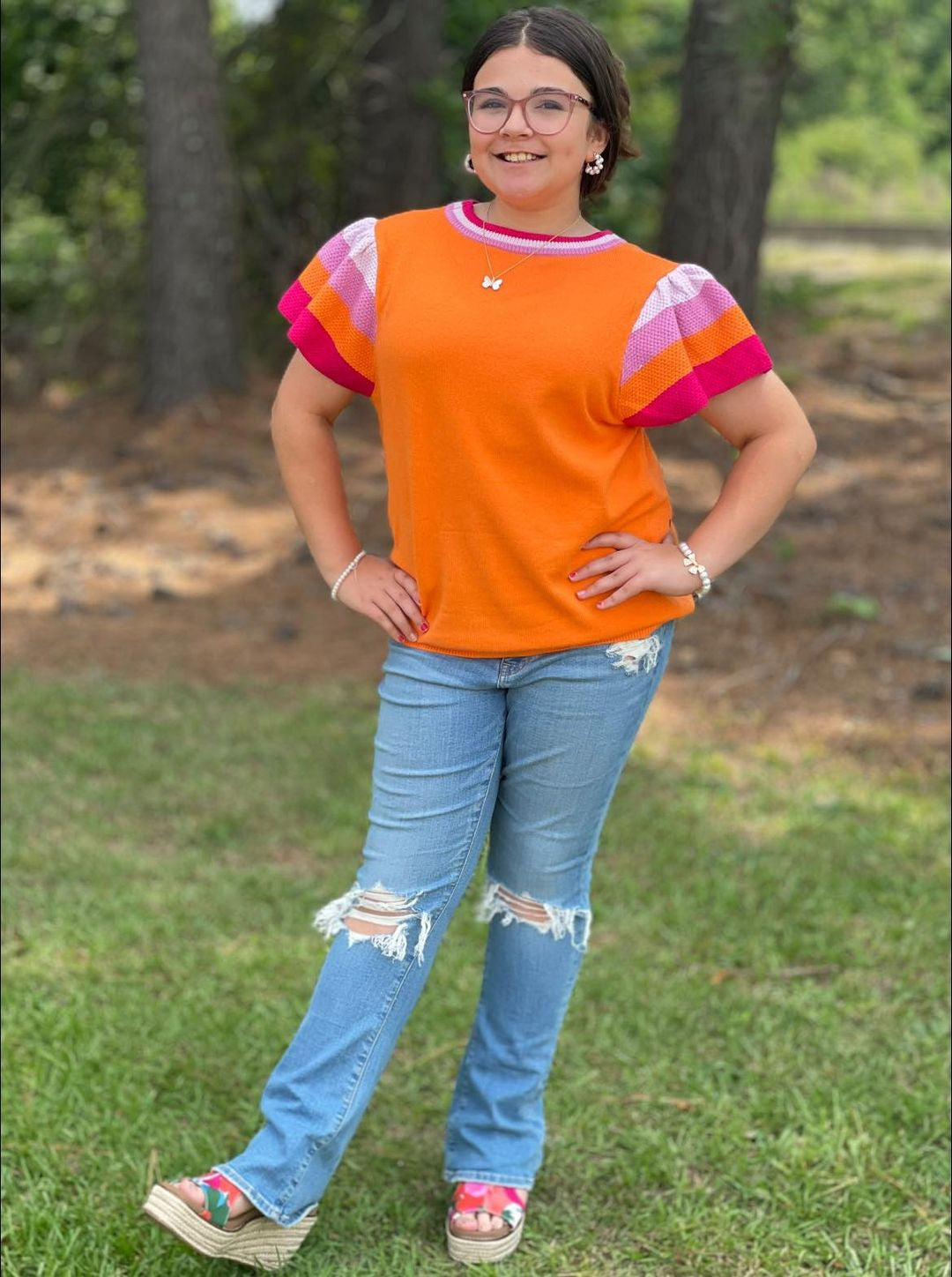 ONLINE EXCLUSIVE Color Pop Flutter Sleeve Knit Top